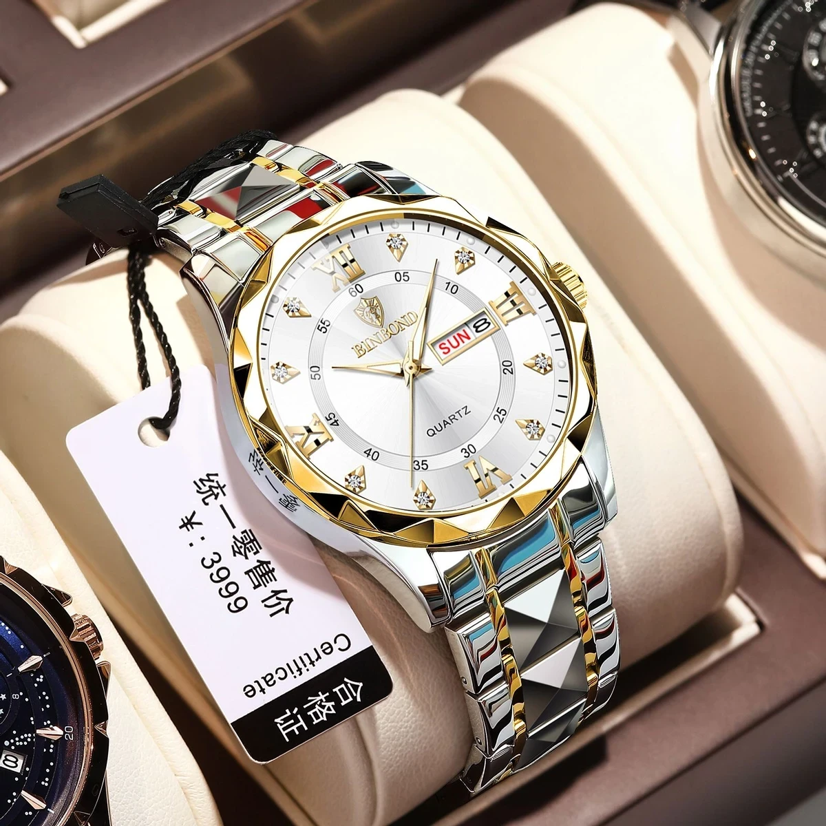 Binbond Cutting men's watch night light dual calendar watch men's quartz watch diamond ceiling glass- Silver&Blue