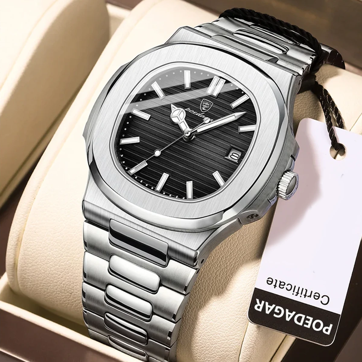 POEDAGAR 613 Watch Business Luminous Date Stainless Steel Square Quartz Men Watch-Silver&Black