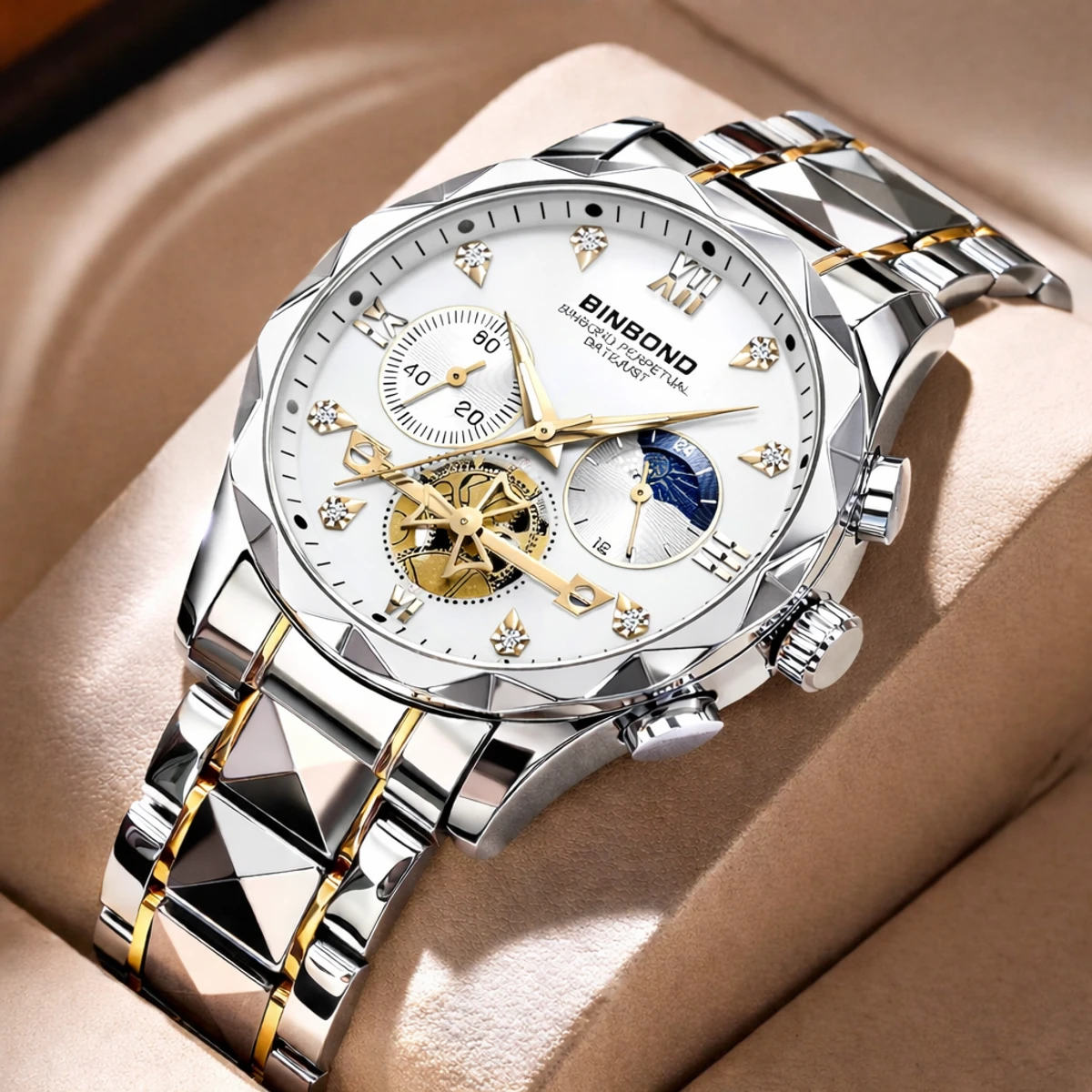 Chronograph no active Watch For Men Stainless Steel Wristwatches-Silver&White