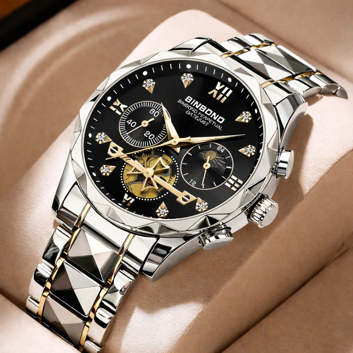 Chronograph no active Watch For Men Stainless Steel Wristwatches-Silver&Black