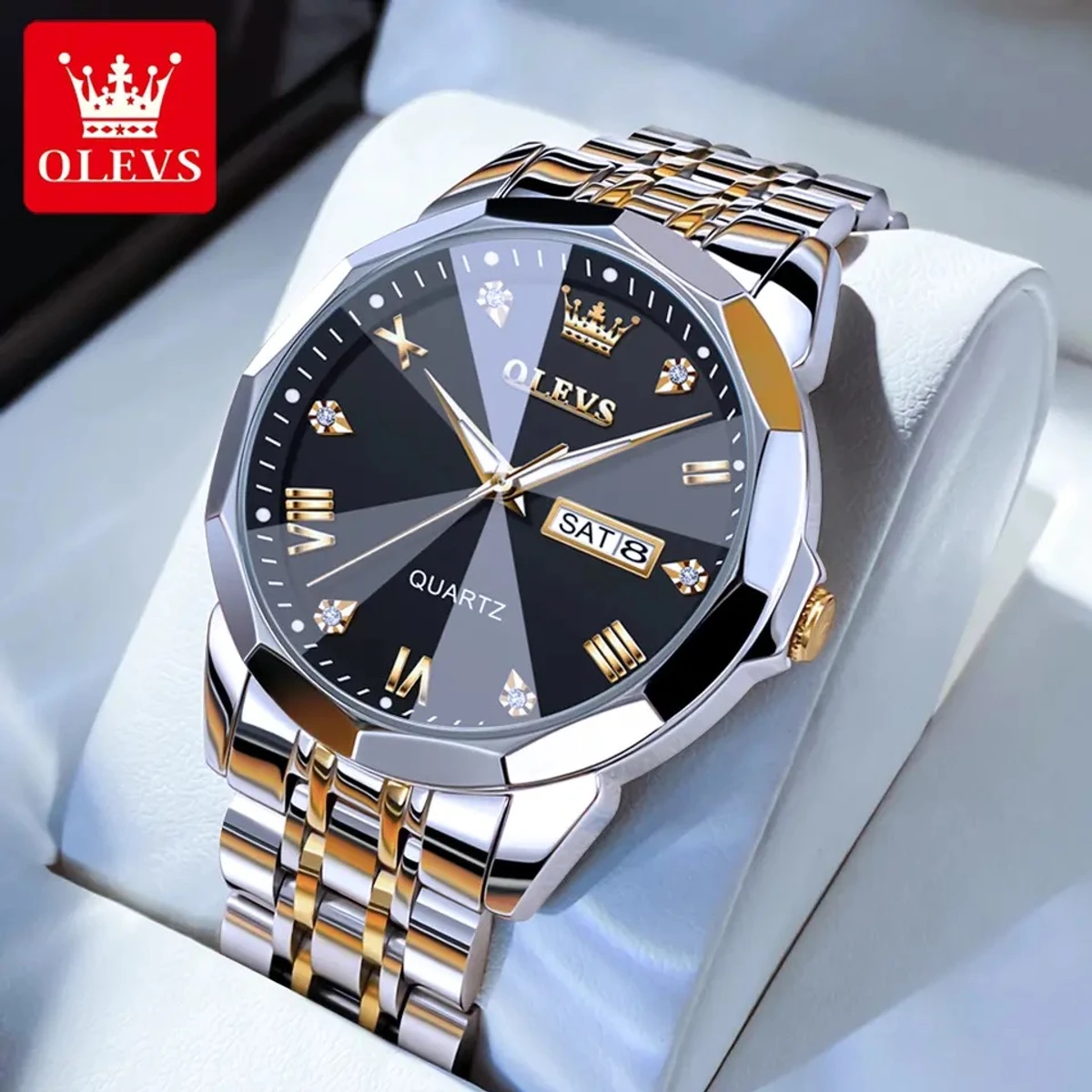 OLEVS 9931 Quartz Watch For Men Rhombus Mirror Stainless Steel Auto Date Week Clock Simplicity Luxury Men's Wristwatch- Black & Silver