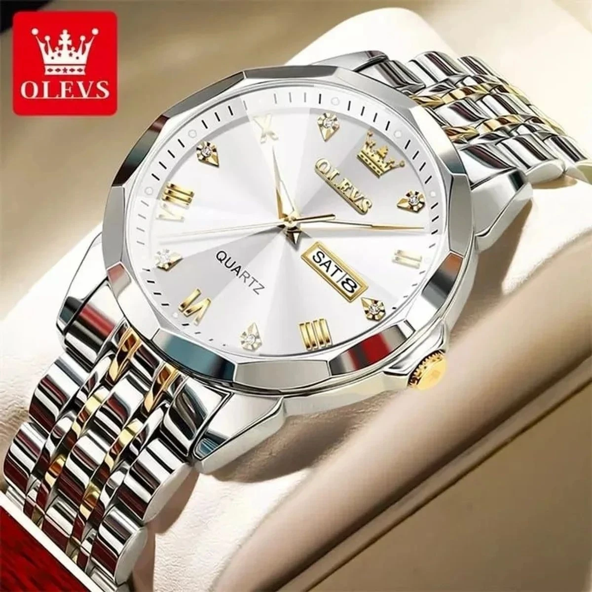 OLEVS 9931 Quartz Watch For Men Rhombus Mirror Stainless Steel Auto Date Week Clock Simplicity Luxury Men's Wristwatch- silver