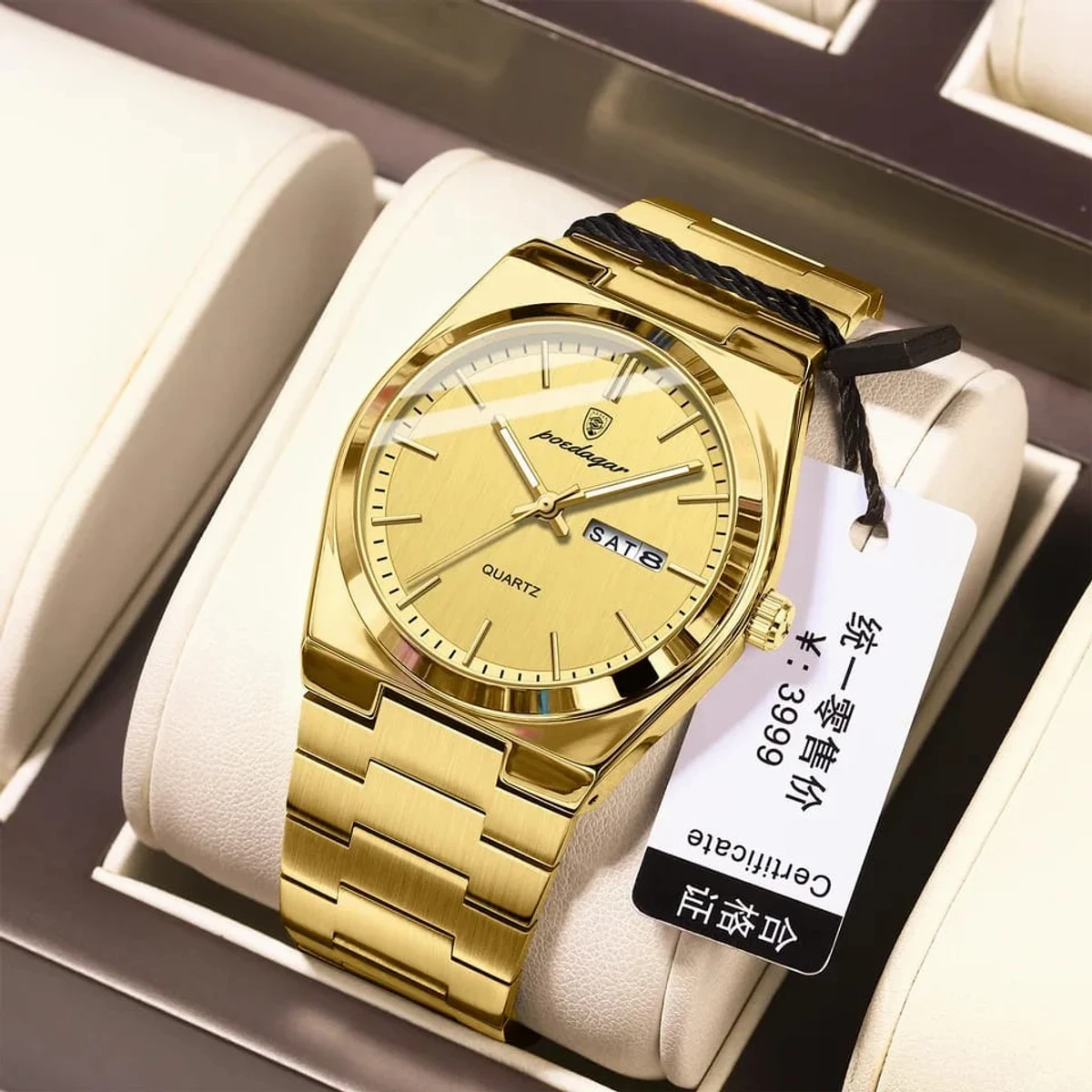 Poedagar Model 930 Stainless Steel Quartz Wristwatch for Men - full Golden