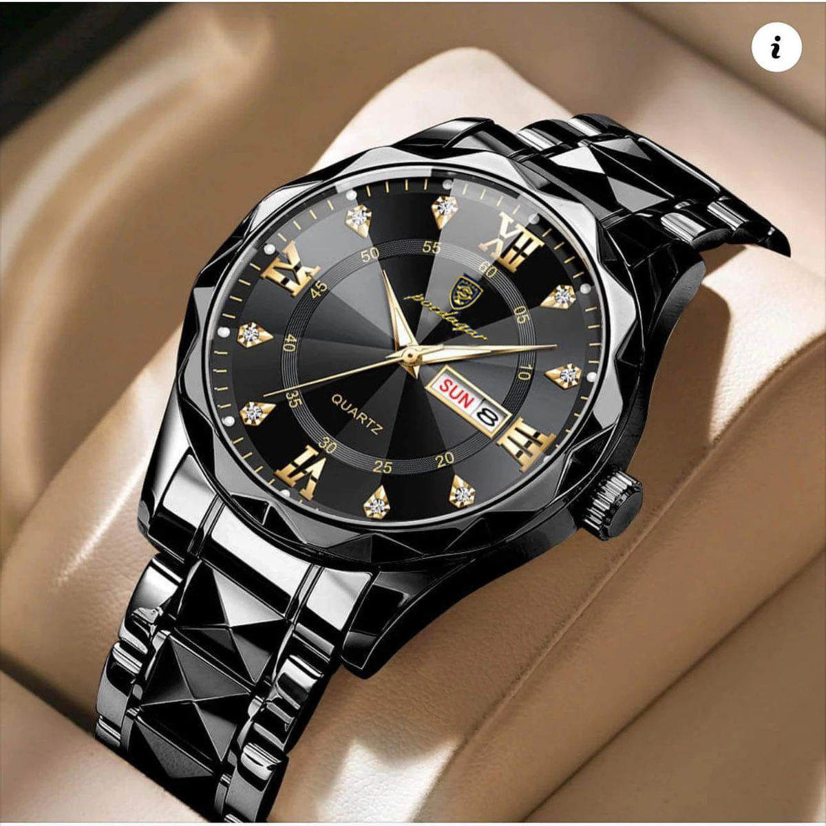 Poedagar cutting diamond glass mens watch-Black
