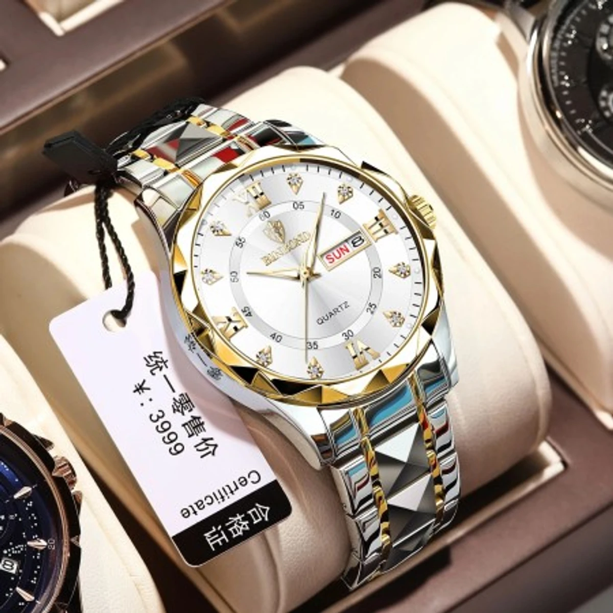 Binbond Cutting men's watch night light dual calendar watch men's quartz watch diamond ceiling glass- Golden&White