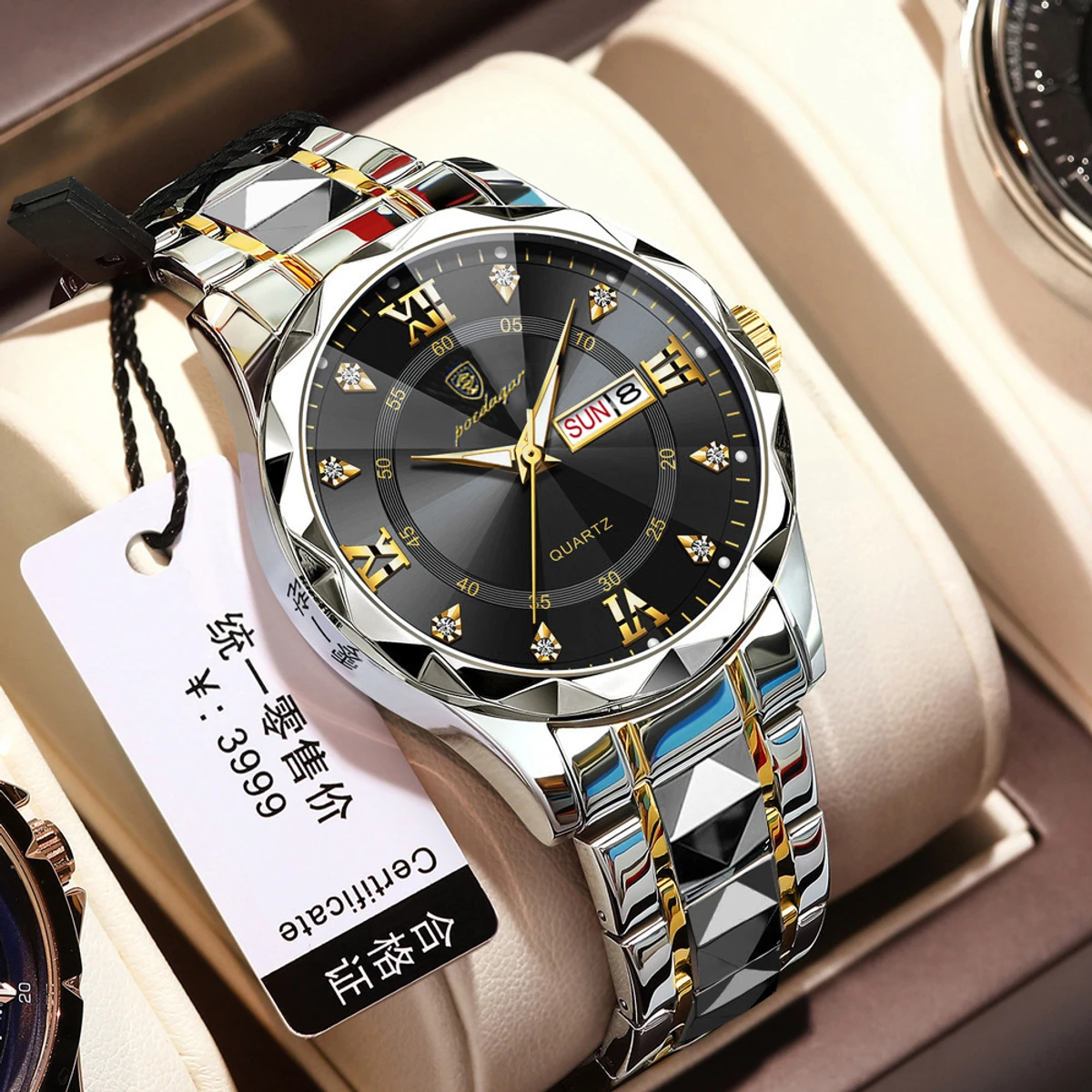Poedagar cutting diamond glass mens watch-Silver & Black