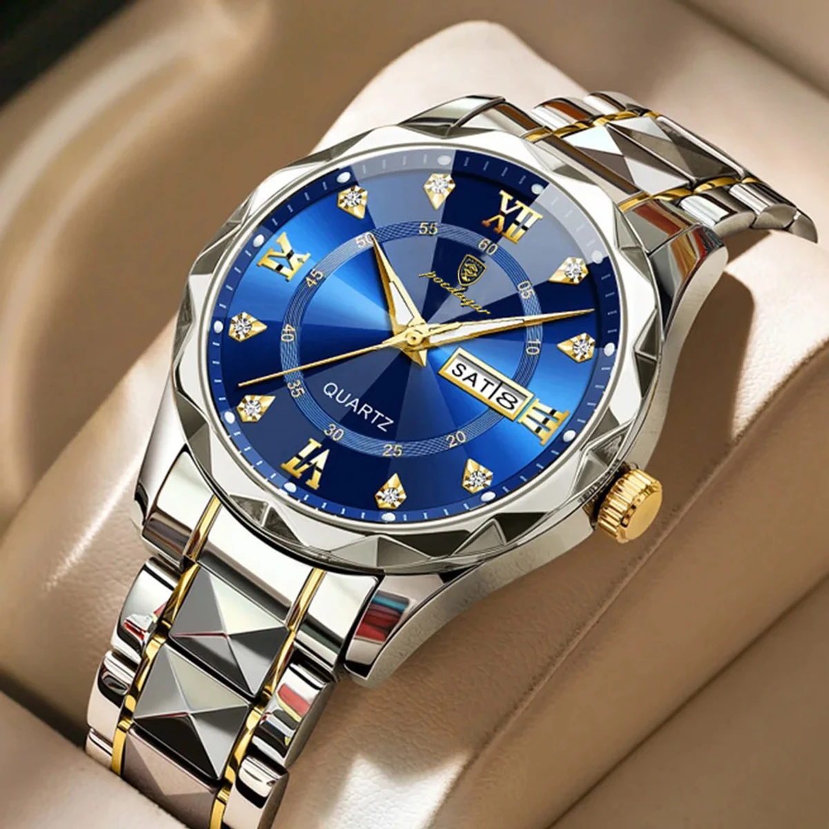 Poedagar cutting diamond glass mens watch-Silver & Blue