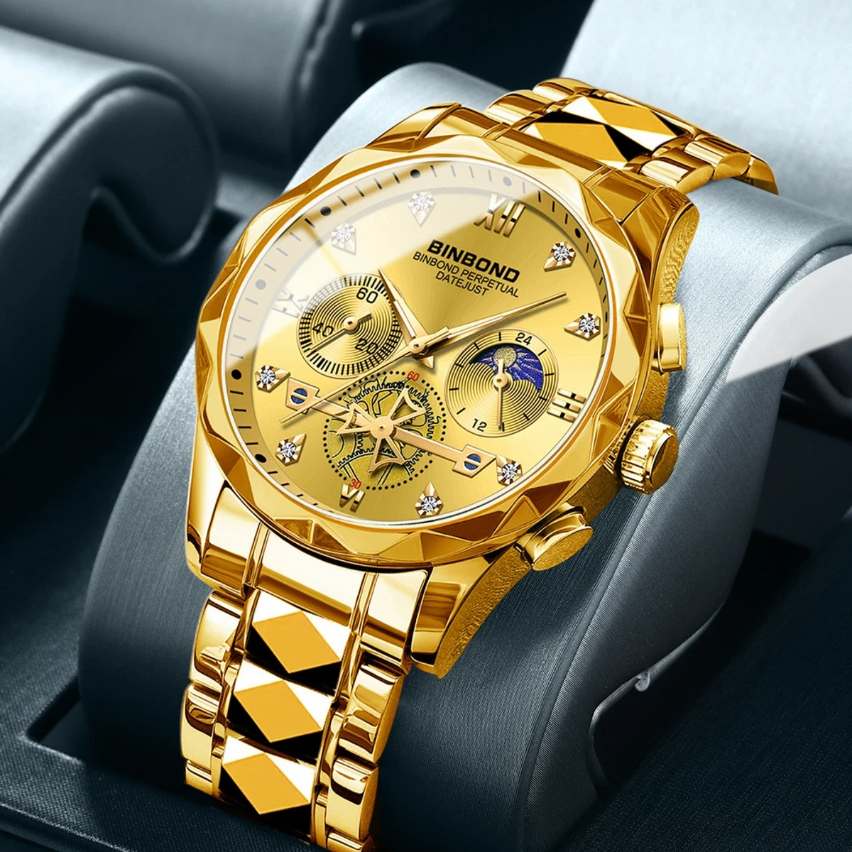 Chronograph no active Watch For Men Stainless Steel Wristwatches-Golden