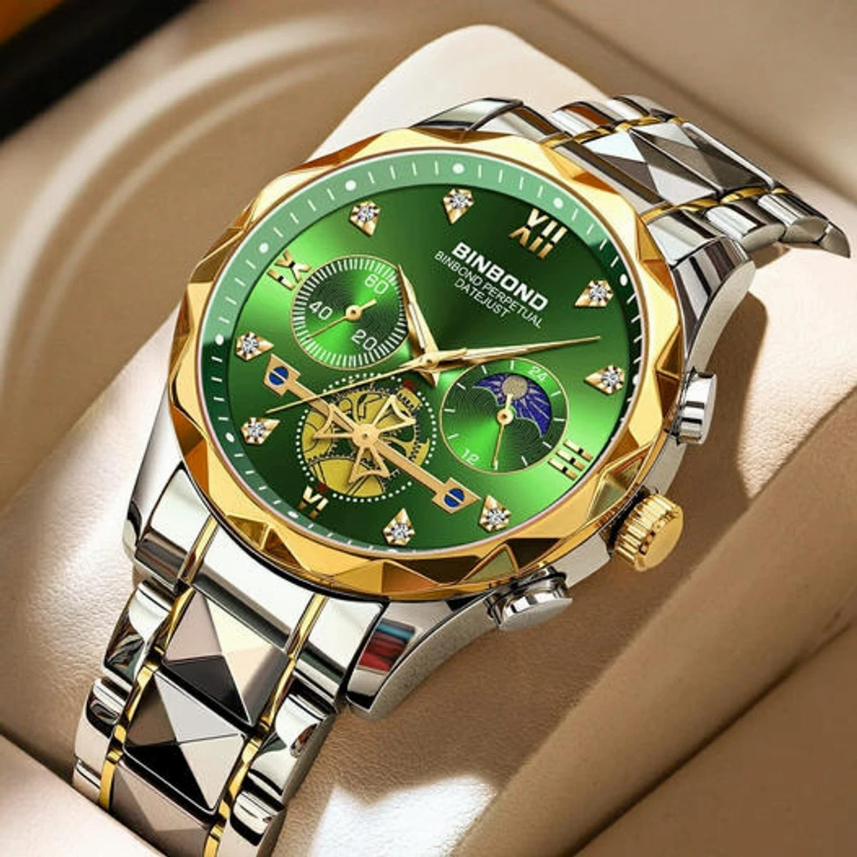 Chronograph no active Watch For Men Stainless Steel Wristwatches-Silver & Green