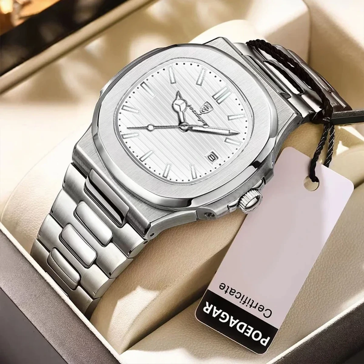 POEDAGAR 613 Watch Business Luminous Date Stainless Steel Square Quartz Men Watch-Silver