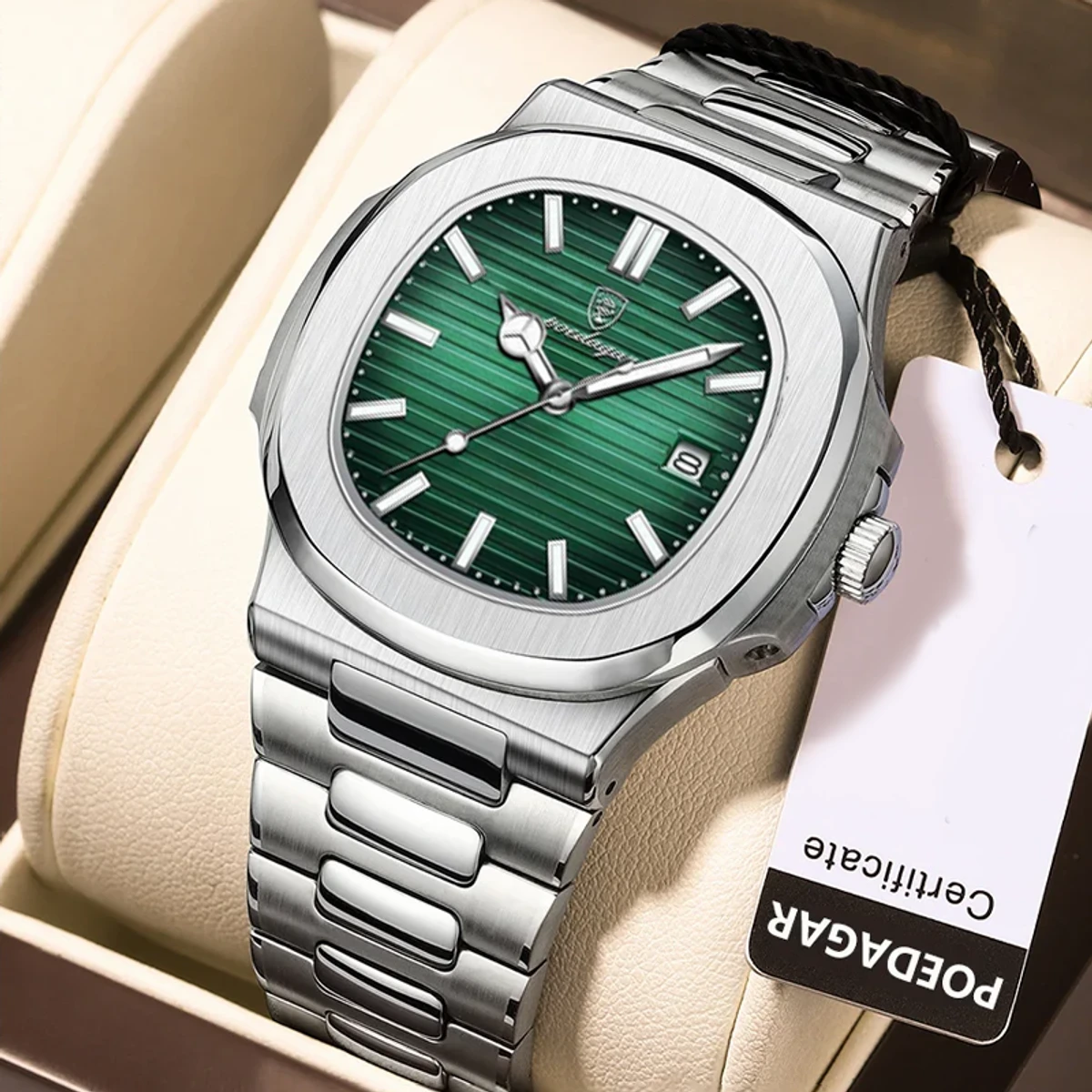 POEDAGAR 613 Watch Business Luminous Date Stainless Steel Square Quartz Men Watch-Silver&Green