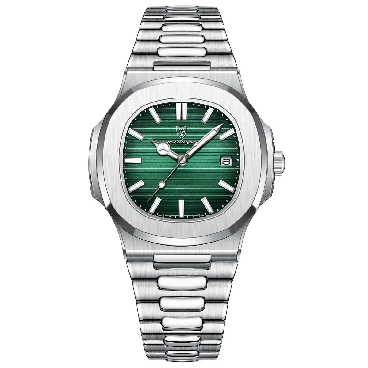 POEDAGAR 613 Watch Business Luminous Date Stainless Steel Square Quartz Men Watch-Silver&Green