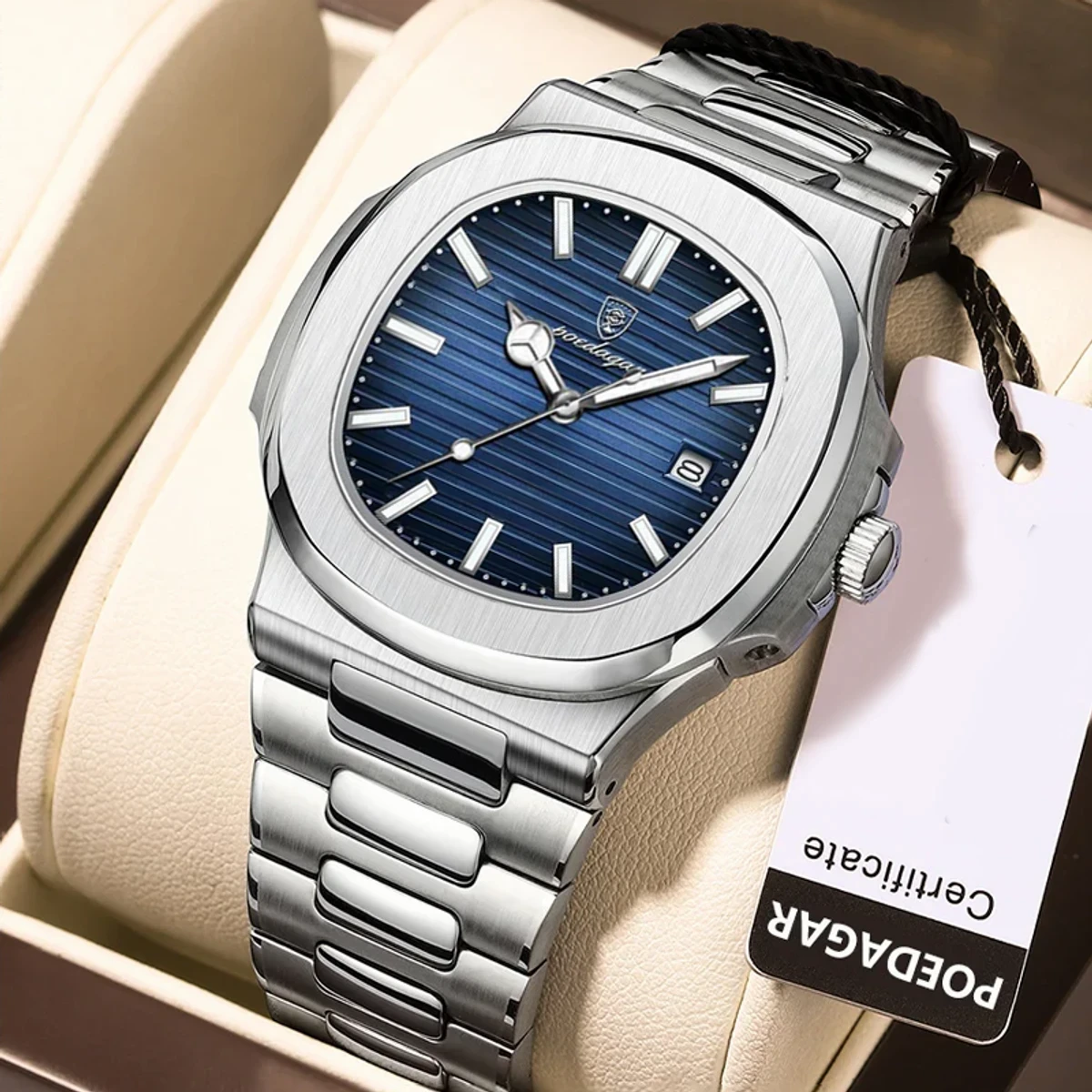 POEDAGAR 613 Watch Business Luminous Date Stainless Steel Square Quartz Men Watch-Silver&Blue