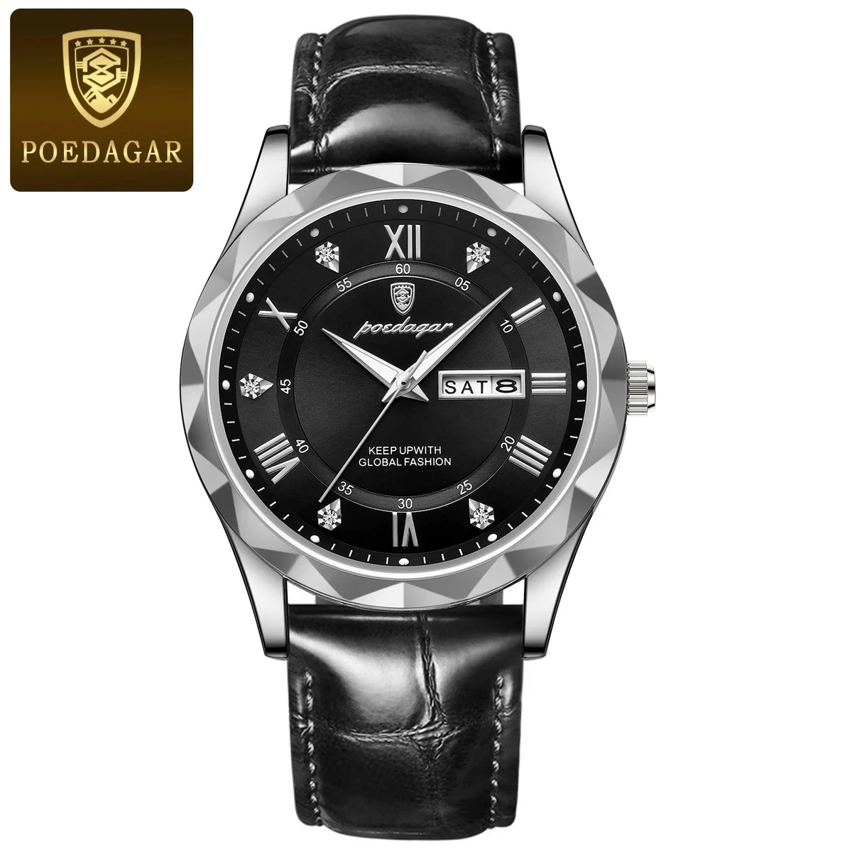 POEDAGAR 615 Luminous Date Week Watch For Men-Silver&Black