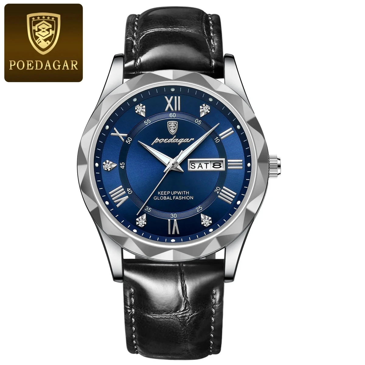 POEDAGAR 615 Luminous Date Week Watch For Men-Silver&Blue