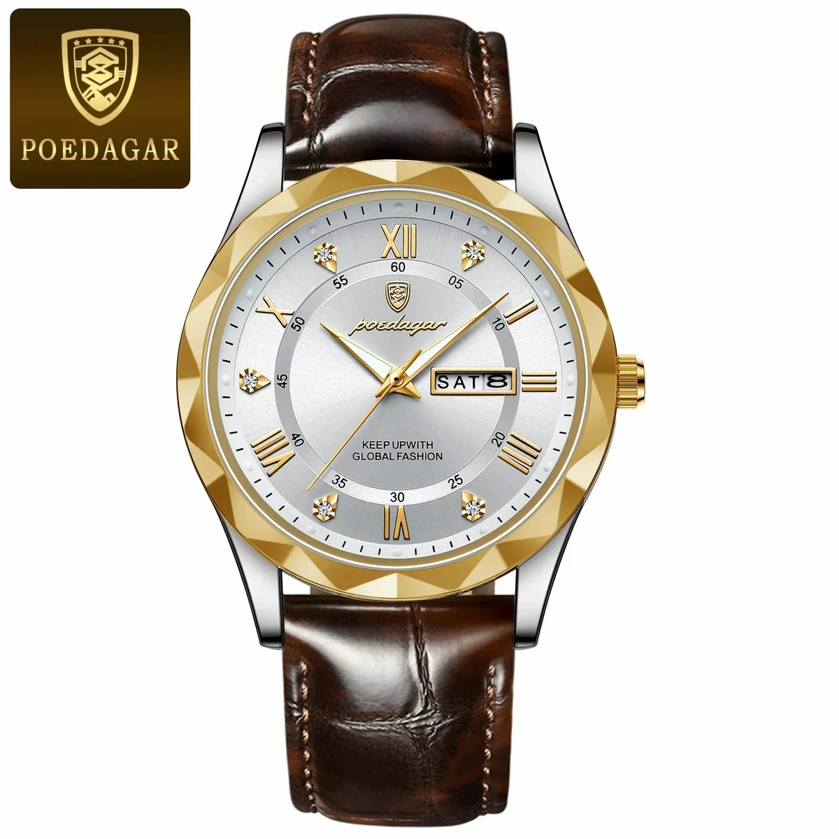 POEDAGAR 615 Luminous Date Week Watch For Men-Golden& Silver