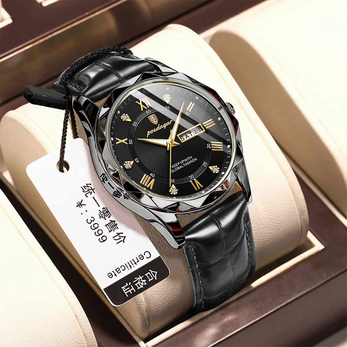 POEDAGAR 810 Luminous Date Week Watch For Men-Black