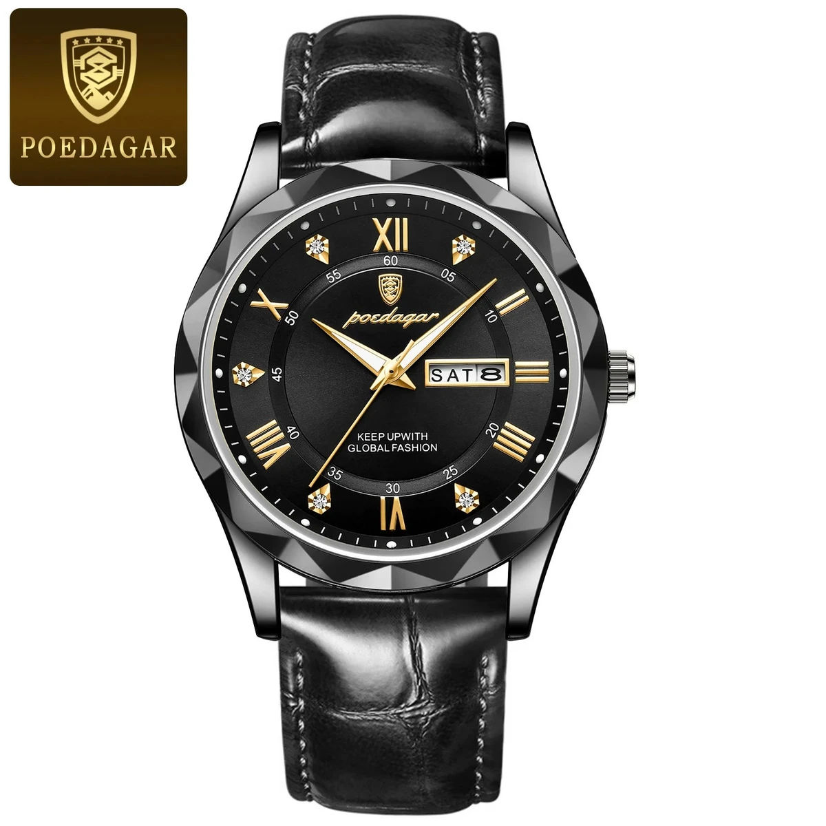 POEDAGAR 615 Luminous Date Week Watch For Men-Black