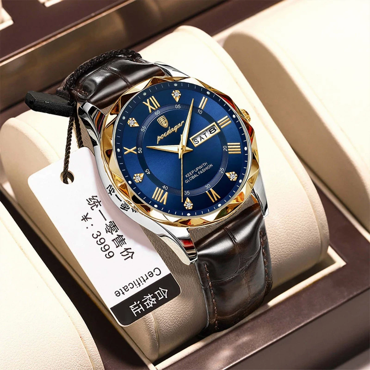 POEDAGAR 615 Luminous Date Week Watch For Men-Golden&Blue