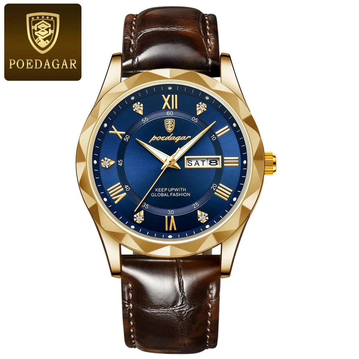 POEDAGAR 615 Luminous Date Week Watch For Men-Golden&Blue