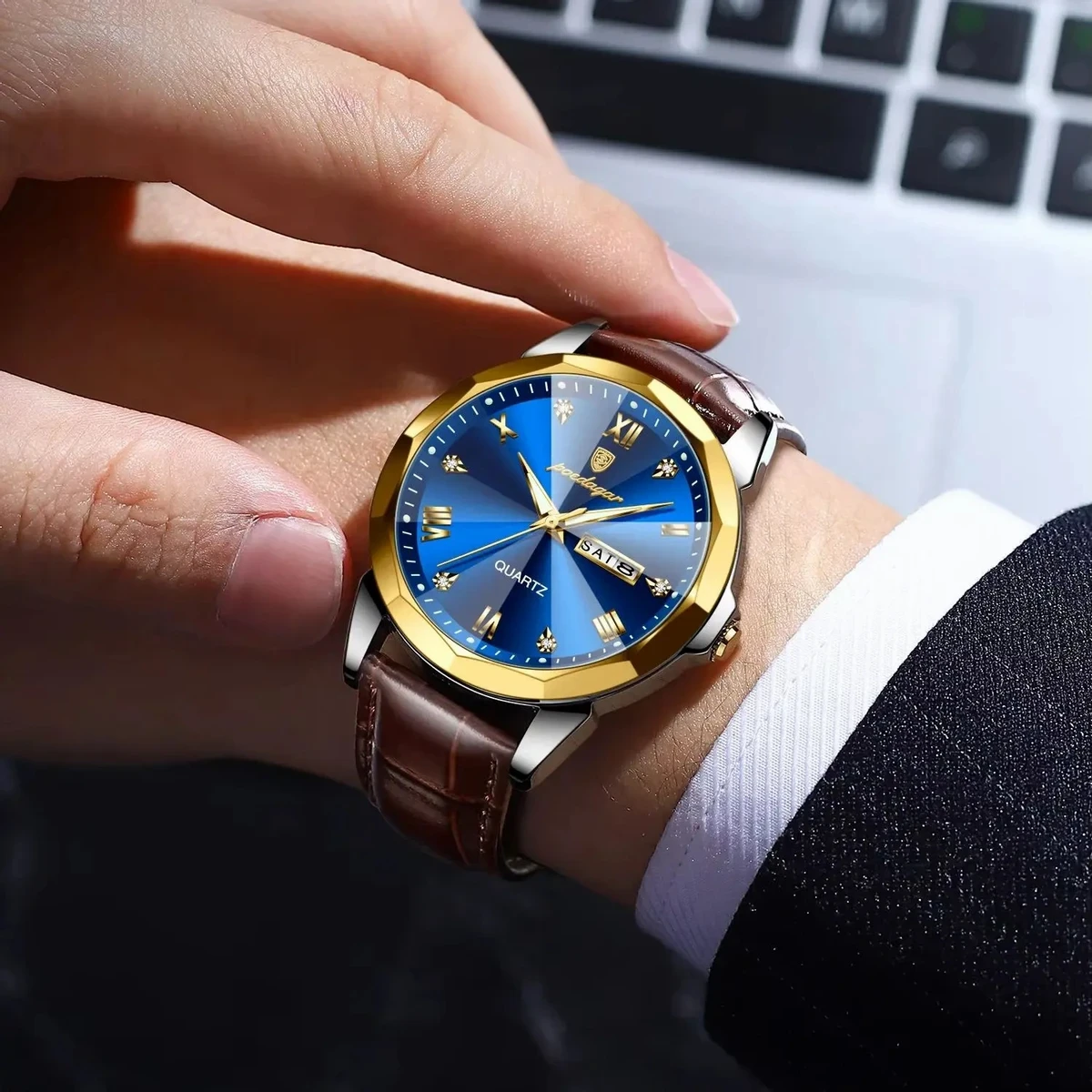 POEDAGAR 810 Luminous Date Week Watch For Men-Golden&Blue
