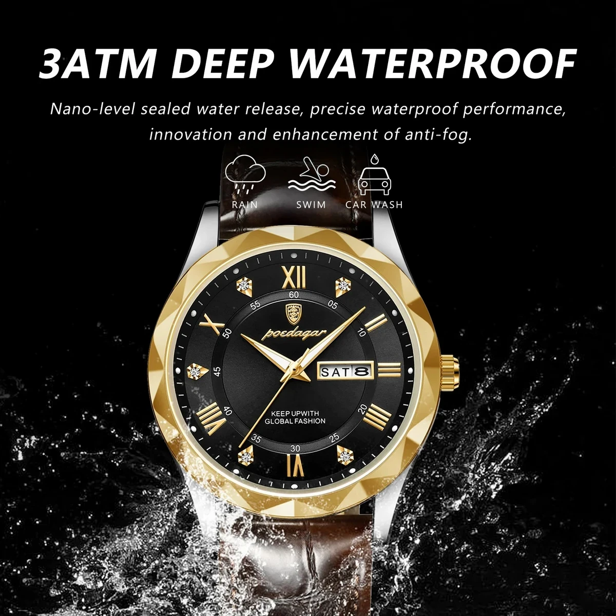 POEDAGAR 615 Luminous Date Week Watch For Men-Golden&Black