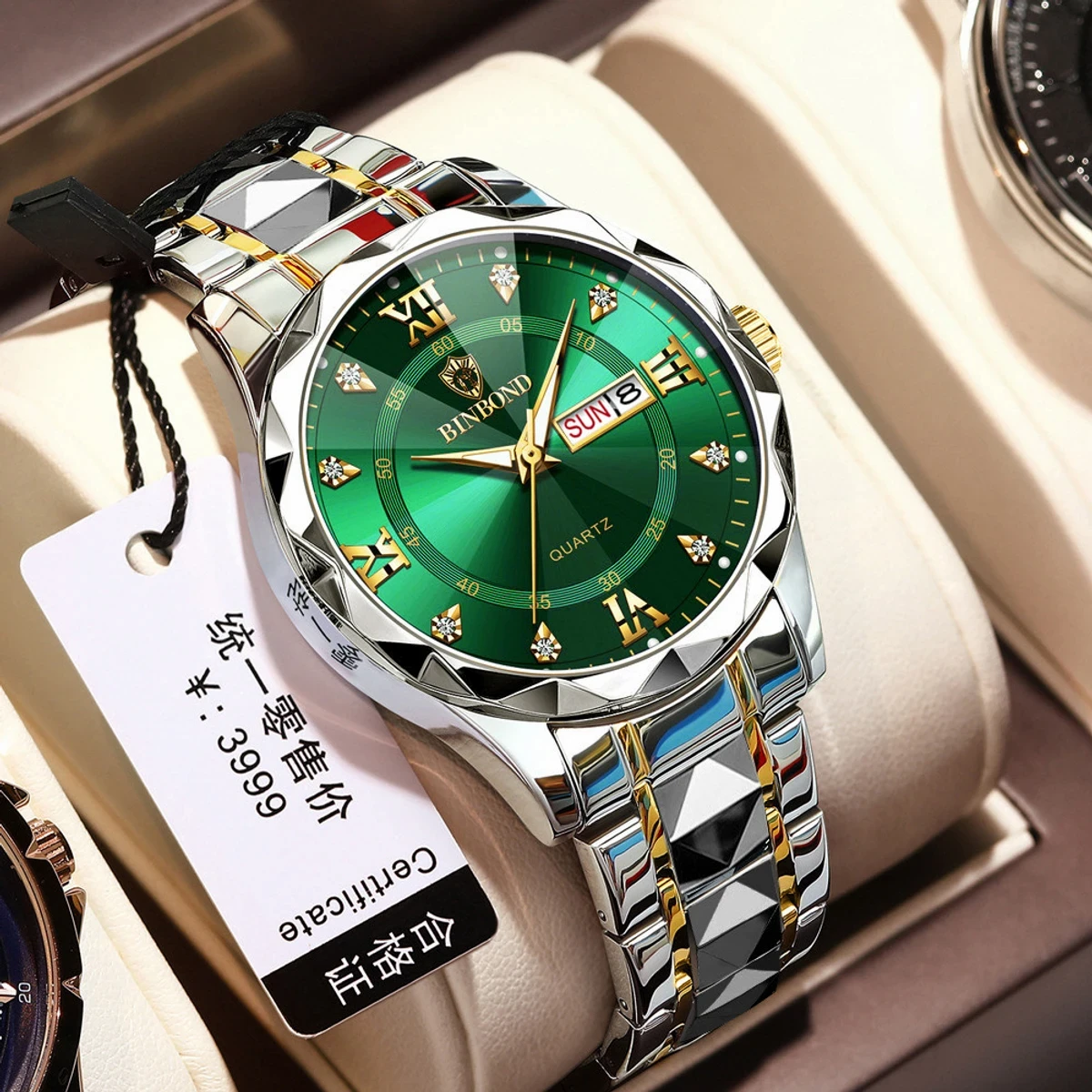 Binbond Cutting men's watch night light dual calendar watch men's quartz watch diamond ceiling glass- Silver&Green