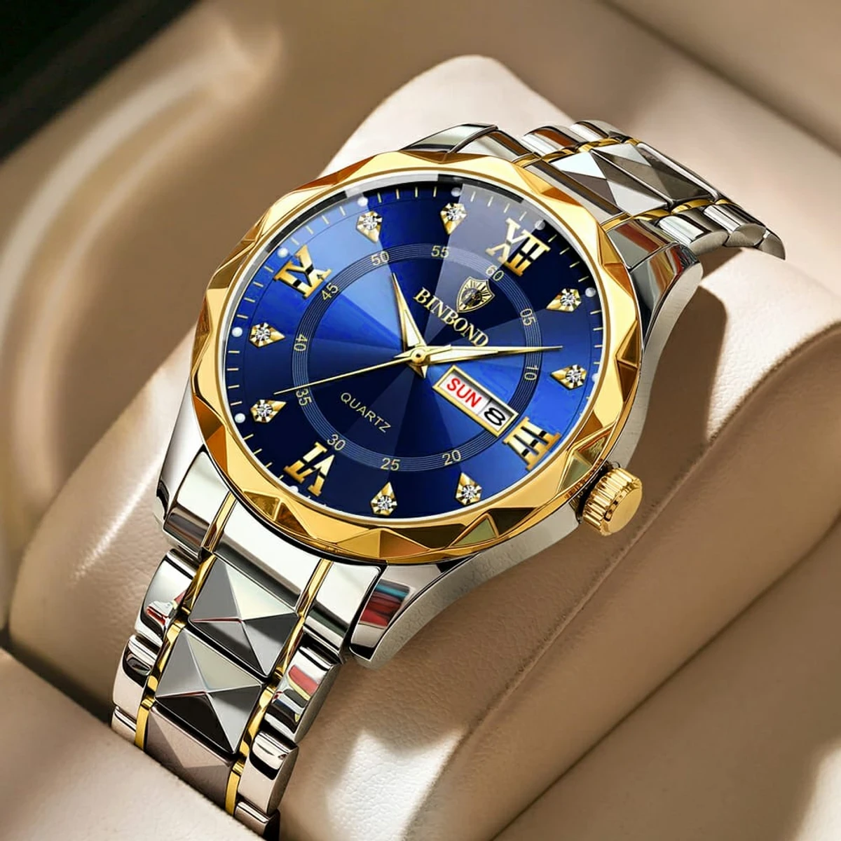 Binbond Cutting men's watch night light dual calendar watch men's quartz watch diamond ceiling glass- Golden&Blue