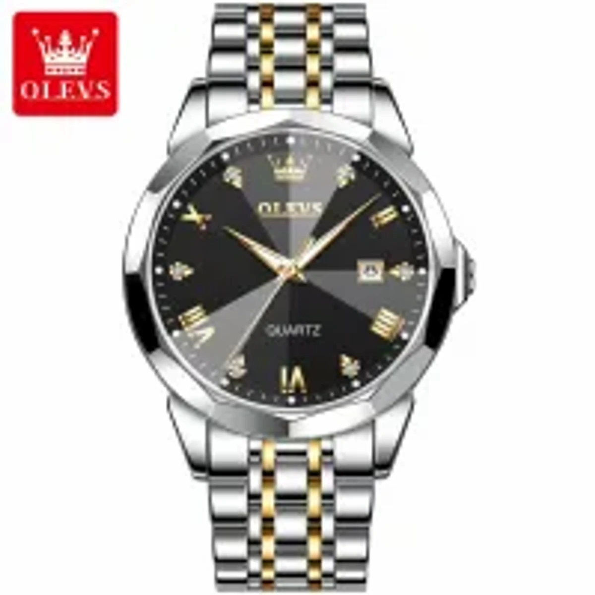 OLEVS 9931 Quartz Watch For Men Rhombus Mirror Stainless Steel Auto Date Week Clock Simplicity Luxury Men's - Black & Silver