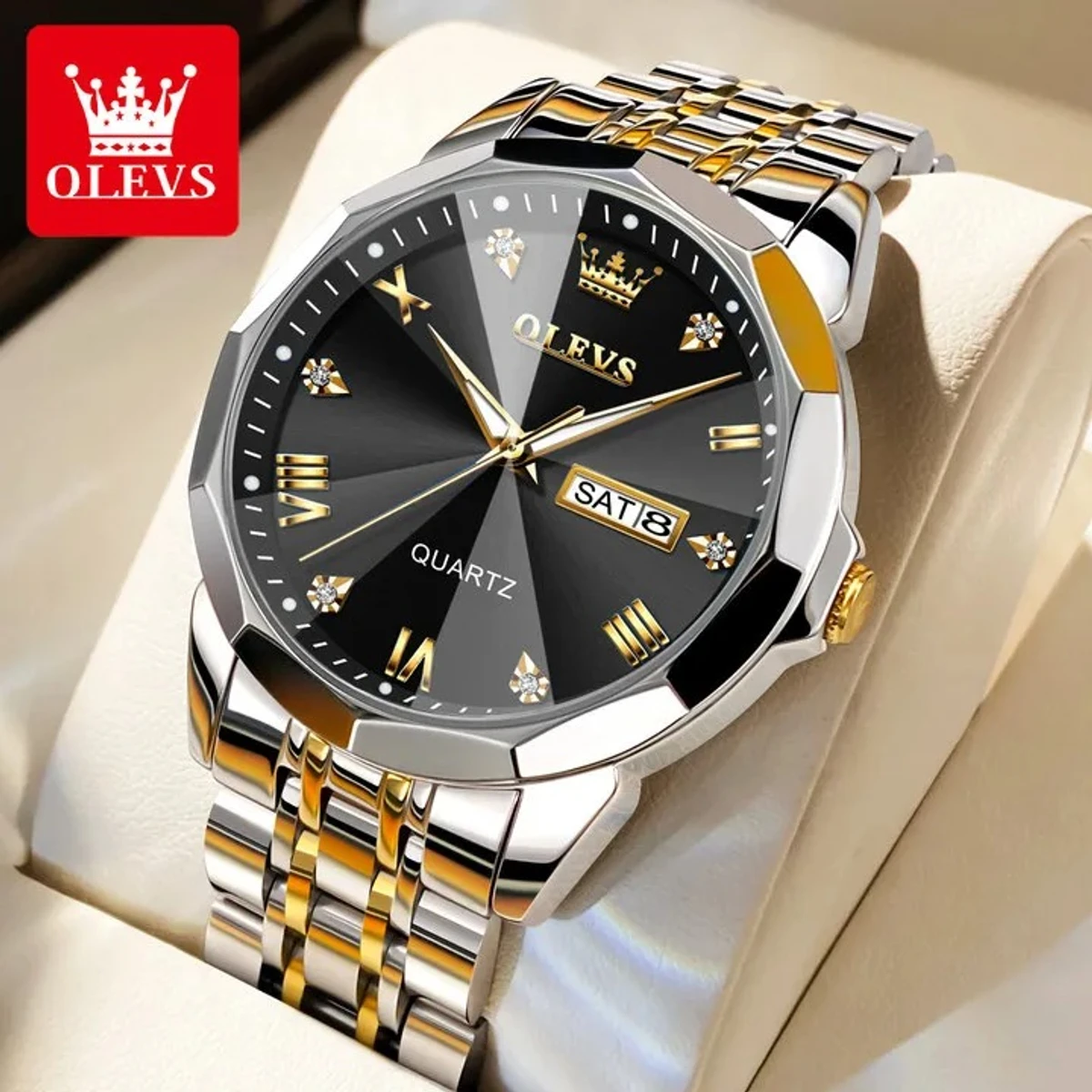 OLEVS 9931 Quartz Watch For Men Rhombus Mirror Stainless Steel Auto Date Week Clock Simplicity Luxury Men's - Black & Silver