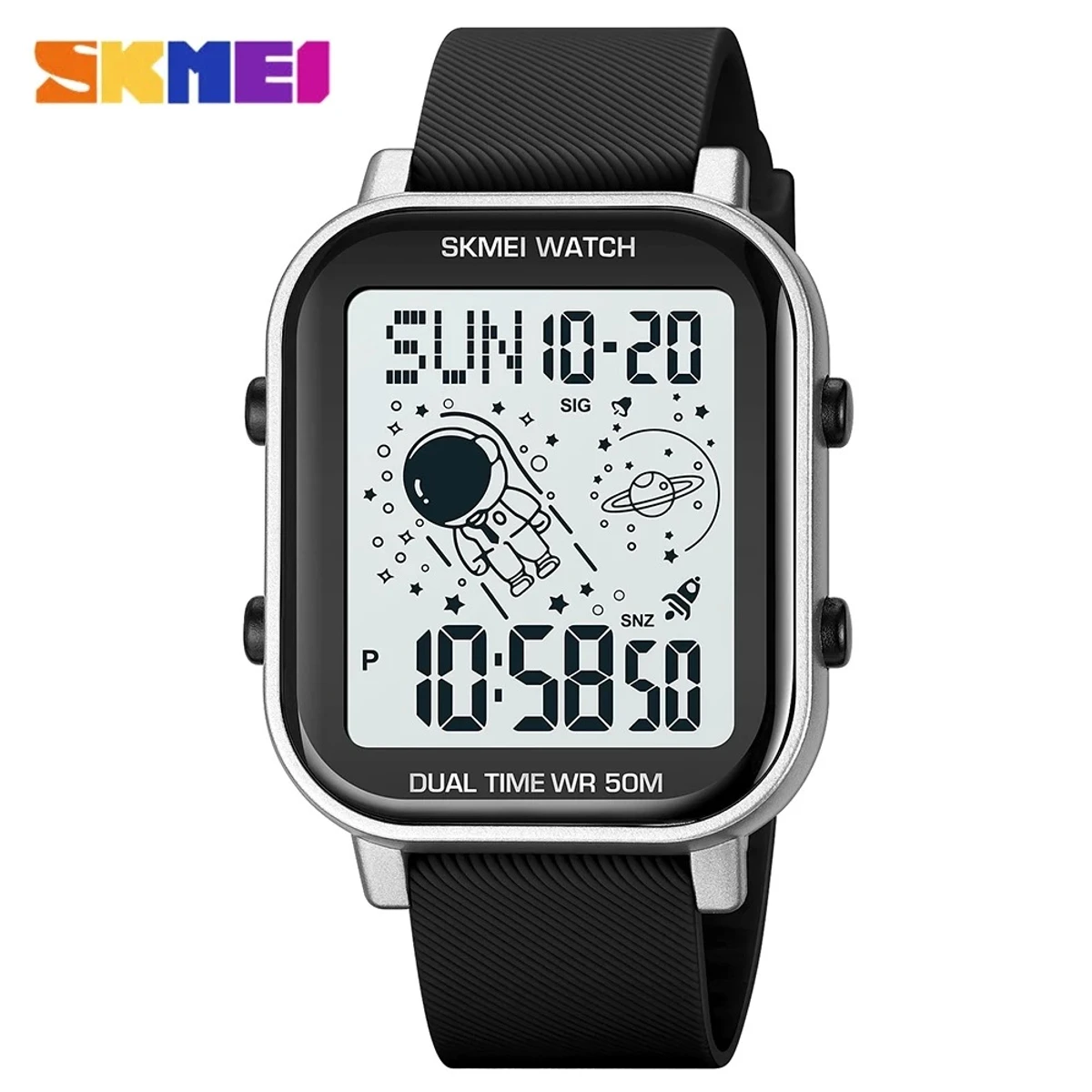 SKMEI Astronaut Creative Electronic Watches for Men Fashion Square Silicone Strap Led Digital Watch -Silver & Black