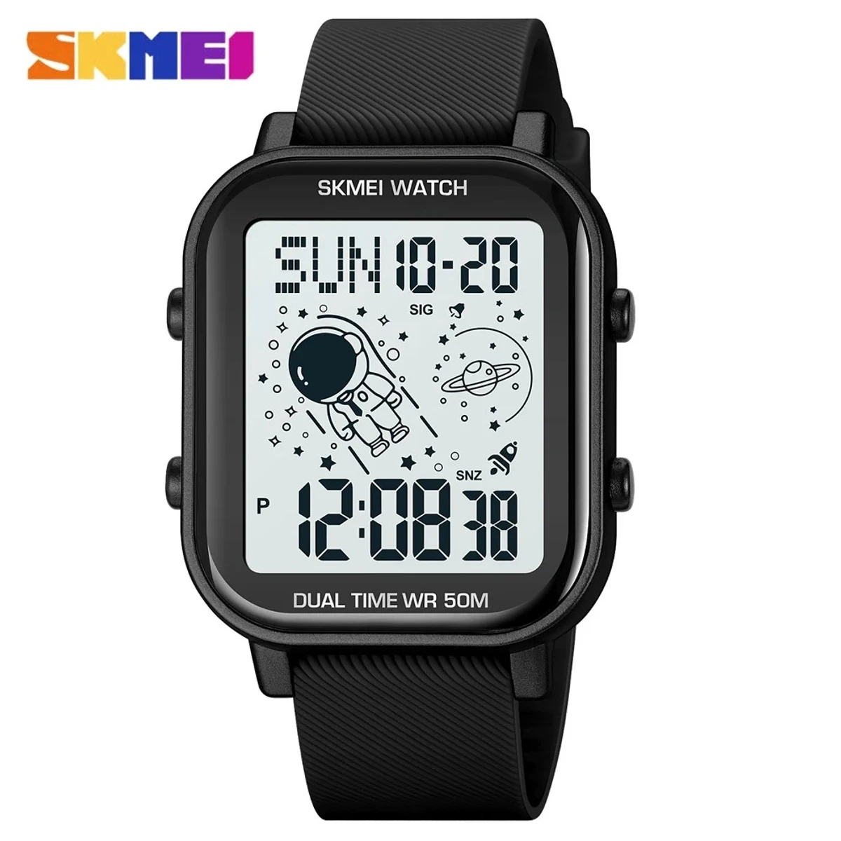 SKMEI Astronaut Creative Electronic Watches for Men Fashion Square Silicone Strap Led Digital Watch -Full Black