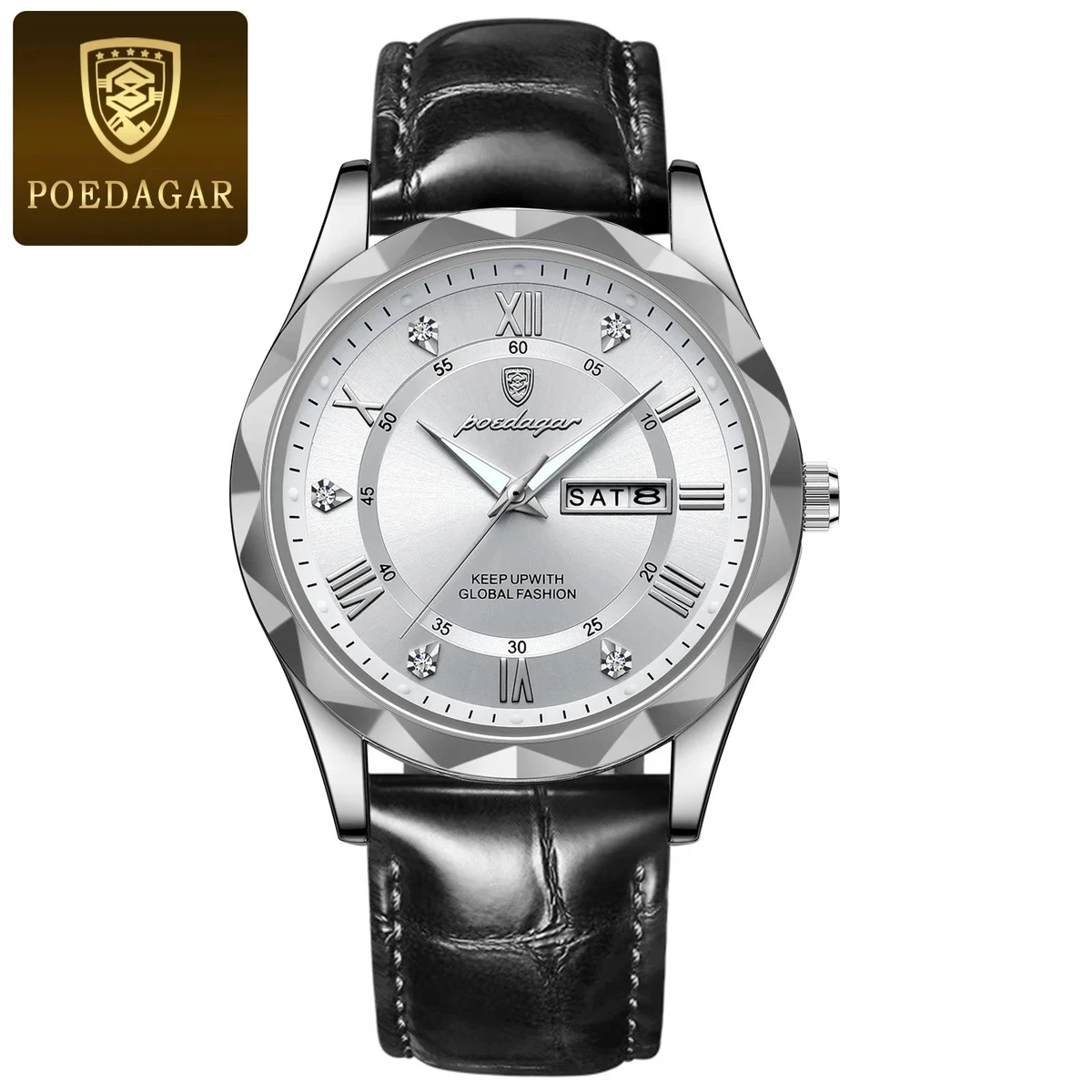 POEDAGAR 615 Luminous Date Week Watch For Men--Silver