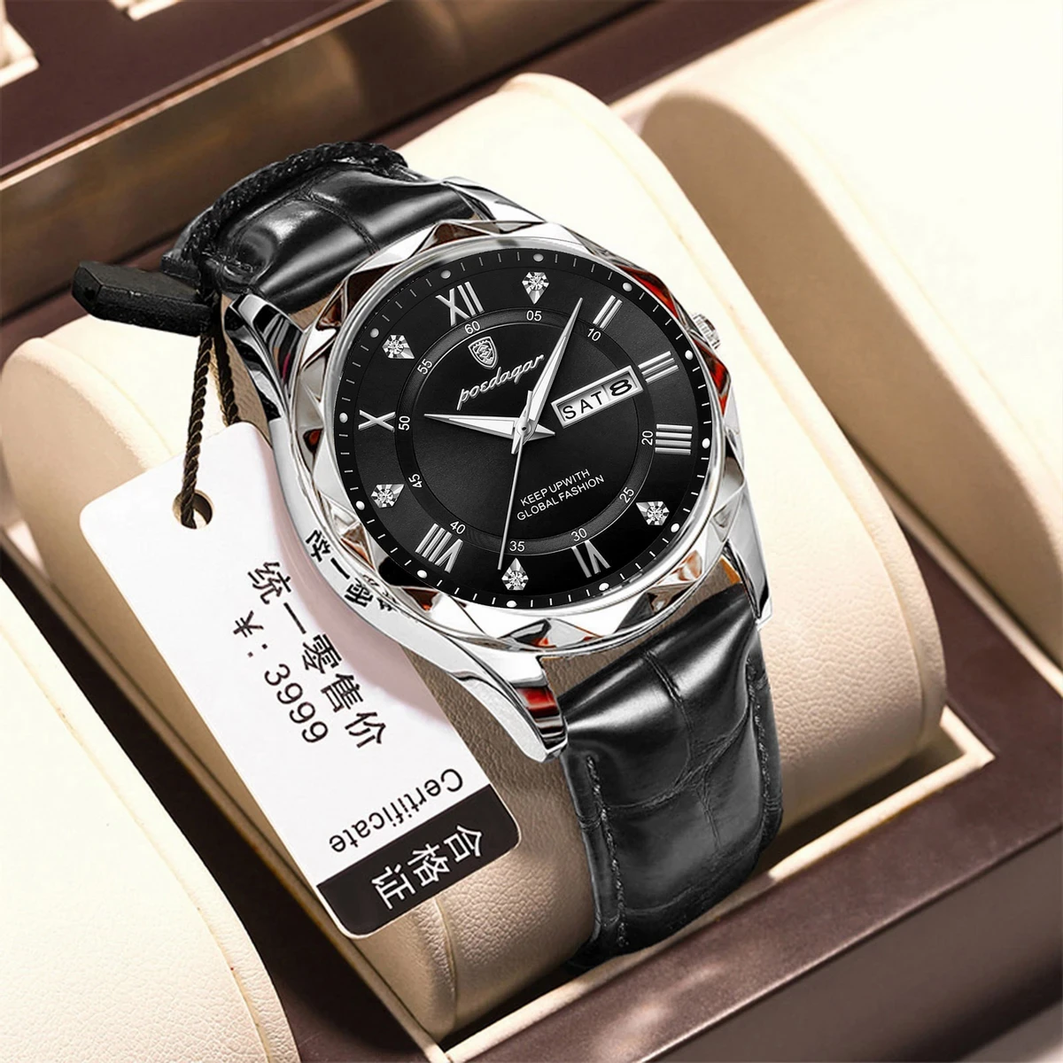 POEDAGAR 615 High Quality Quartz Sports Business Leather Men's Watches-Silver&Black