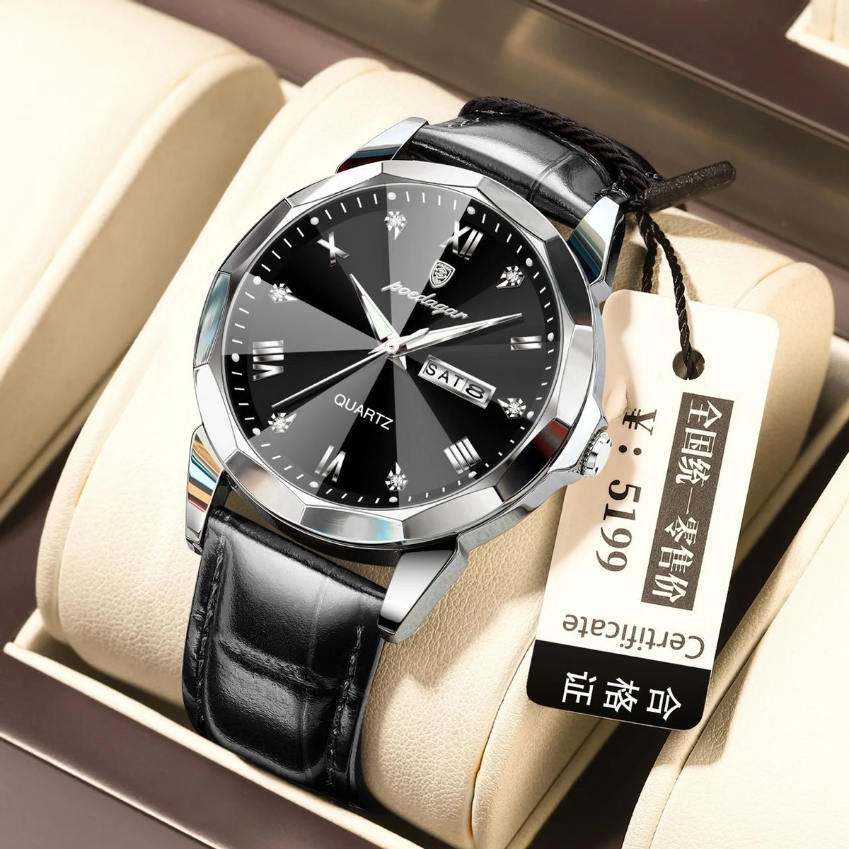 POEDAGAR 810 High Quality Quartz Sports Business Leather Men's Watches-Silver&Black