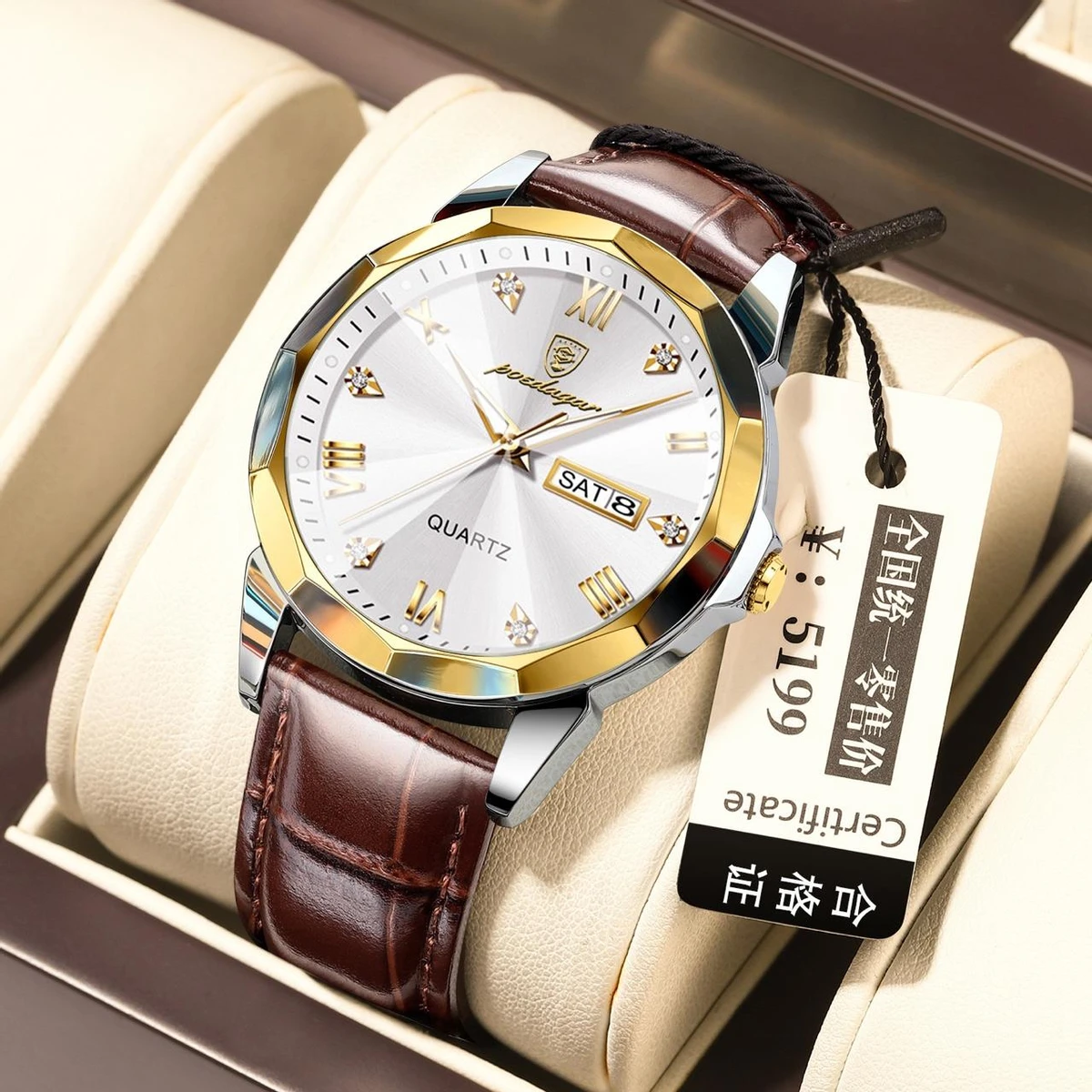 POEDAGAR 810 High Quality Quartz Sports Business Leather Men's Watches-Silver&Golden