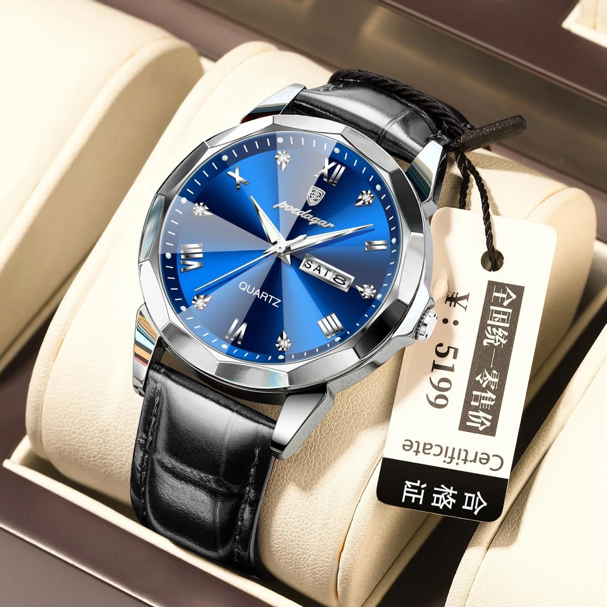 POEDAGAR 810 High Quality Quartz Sports Business Leather Men's Watches-Silver&Blue