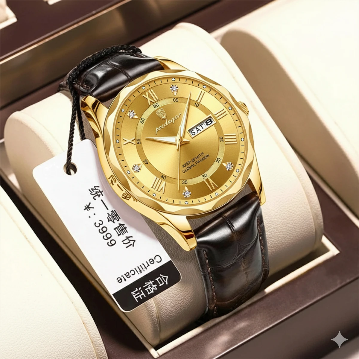 POEDAGAR 615 High Quality Quartz Sports Business Leather Men's Watches-Golden