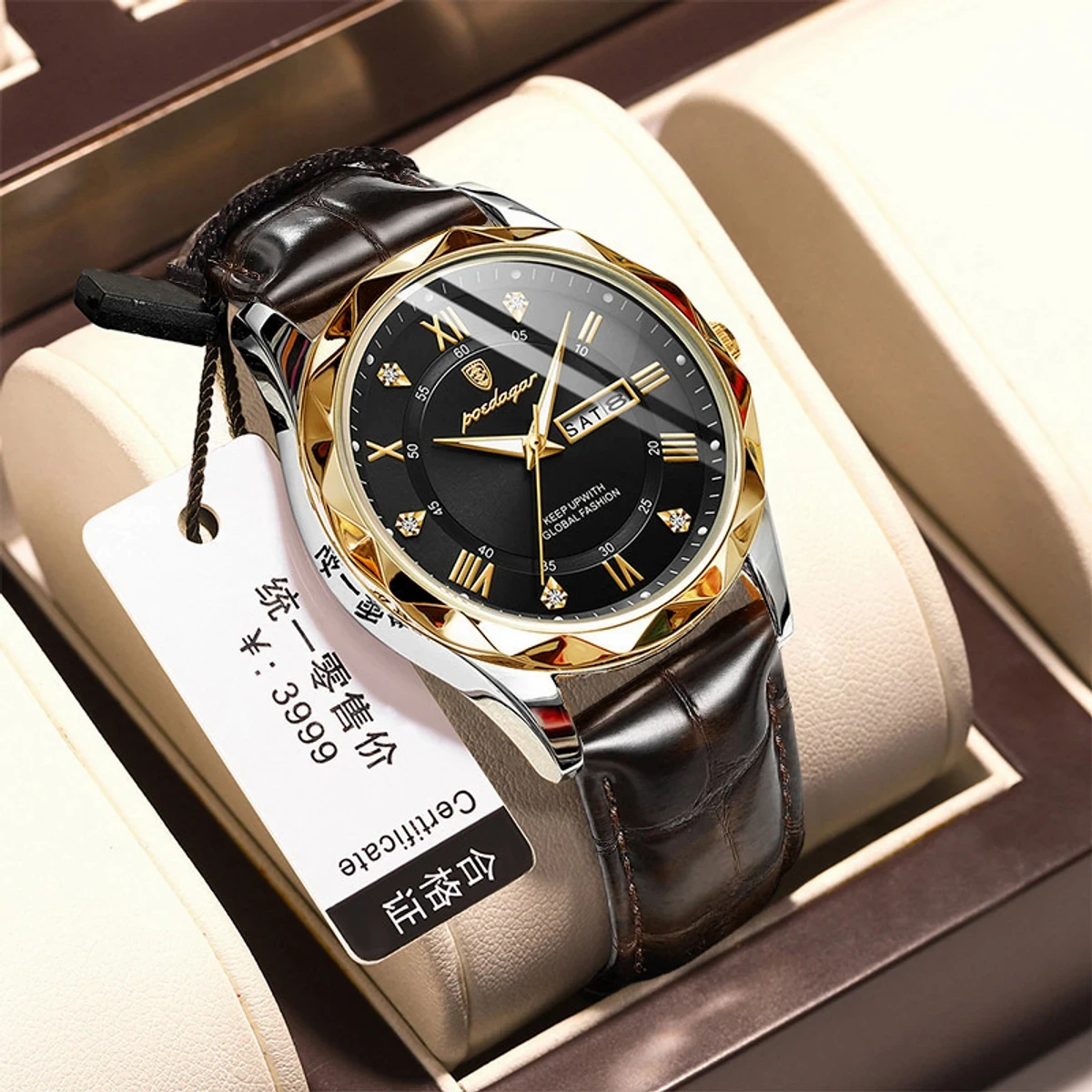 POEDAGAR 615 High Quality Quartz Sports Business Leather Men's Watches-Golden&Black