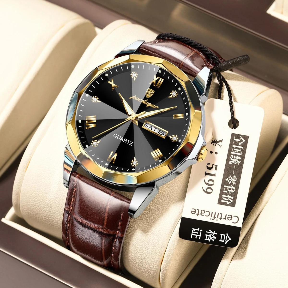 POEDAGAR 810 High Quality Quartz Sports Business Leather Men's Watches-Golden&Black