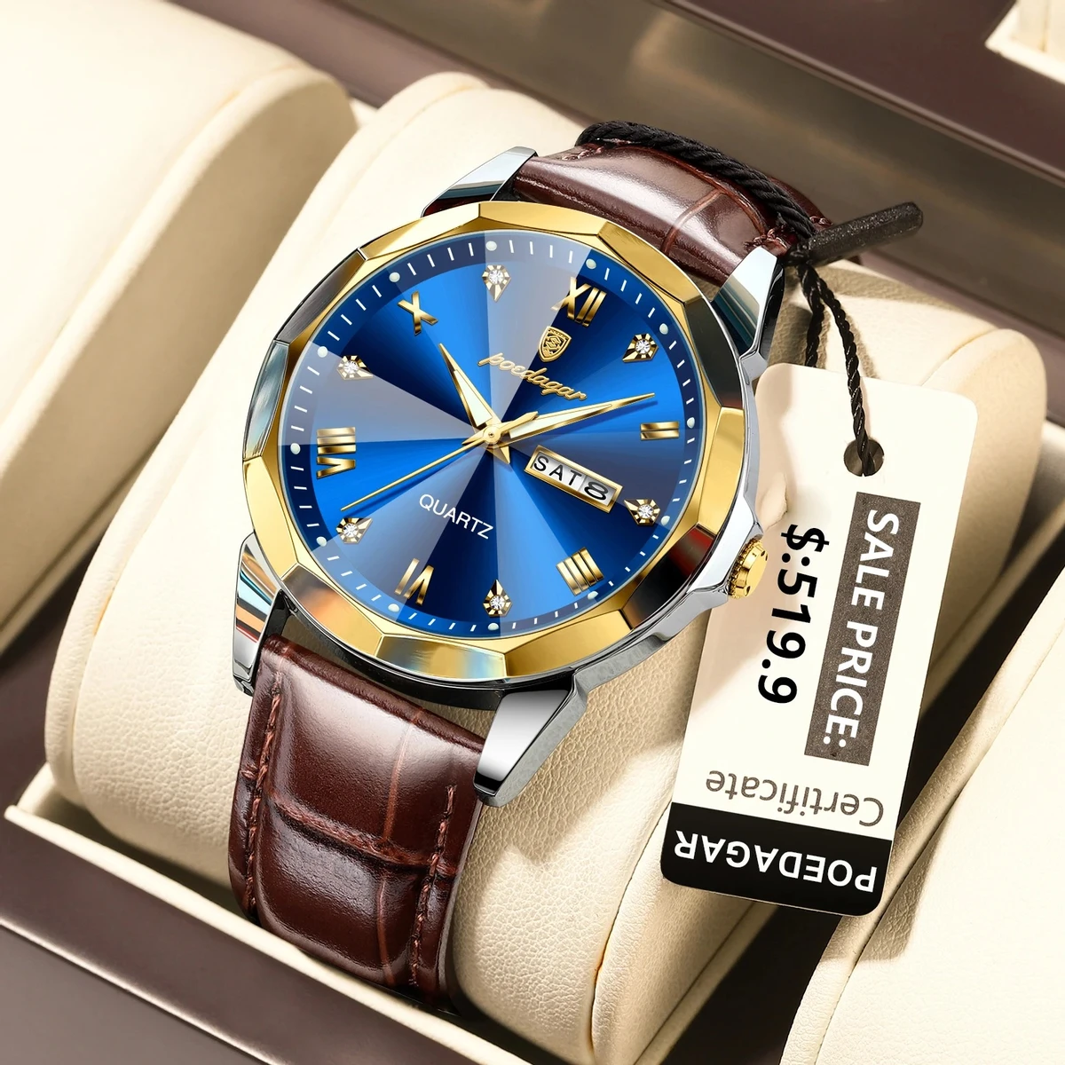 POEDAGAR 810 High Quality Quartz Sports Business Leather Men's Watches-Golden&Blue