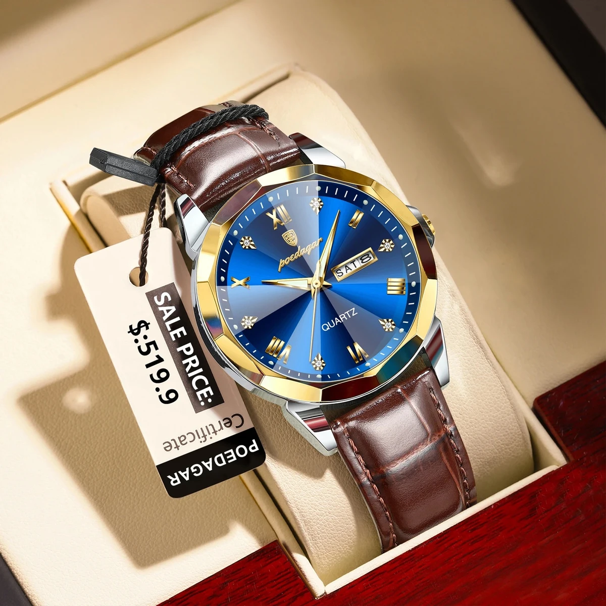 POEDAGAR 810 High Quality Quartz Sports Business Leather Men's Watches-Golden&Blue