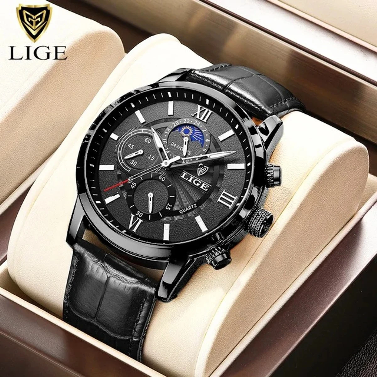 LIGE Top Brand Luxury Leather Casual Quartz Watch for Men-Full Black