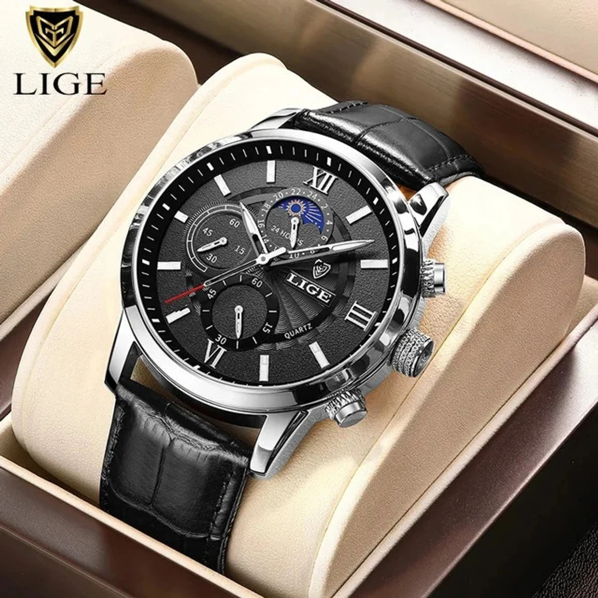 LIGE Top Brand Luxury Leather Casual Quartz Watch for Men-Silver&Black