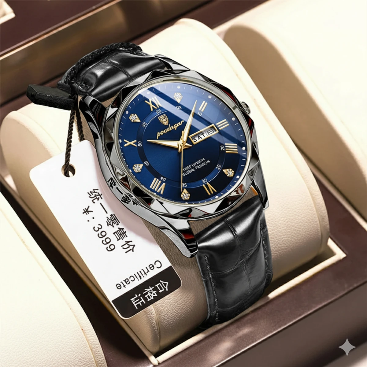 POEDAGAR 615 Luminous Date Week Watch For Men-Black&Blue