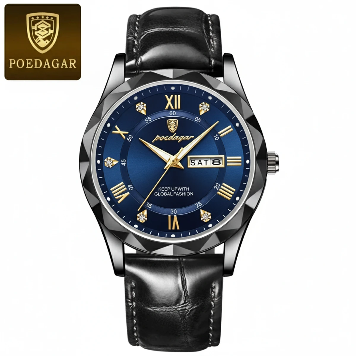 POEDAGAR 615 Luminous Date Week Watch For Men-Black&Blue