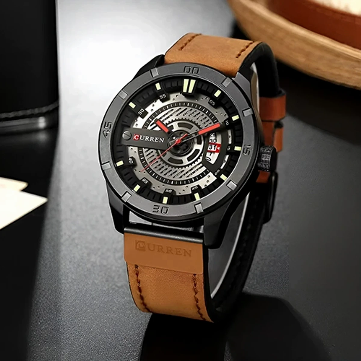 CURREN Men Military Sports Watches Mens Quartz Date Clock Man Casual Leather Wrist Watch -Light Brown