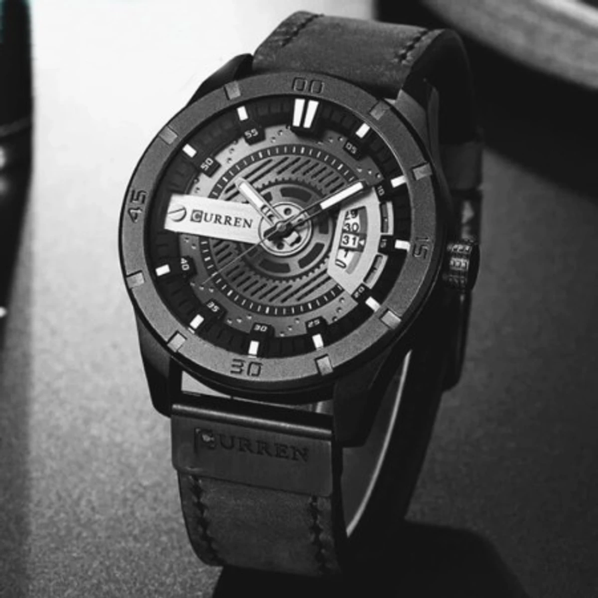 CURREN Men Military Sports Watches Mens Quartz Date Clock Man Casual Leather Wrist Watch -Black