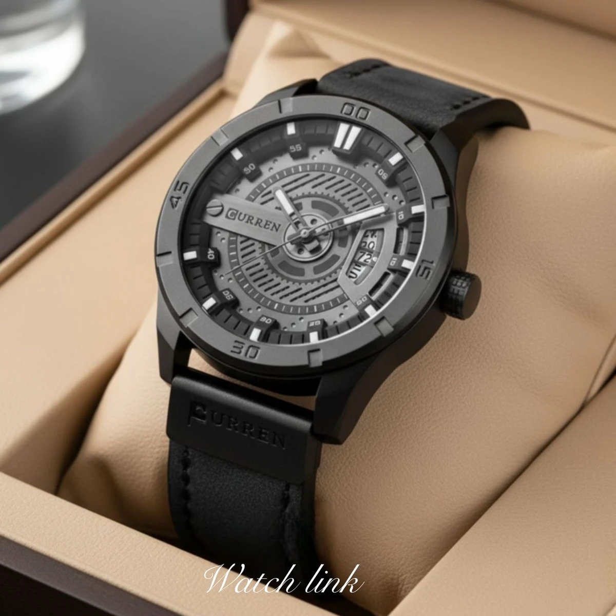 CURREN Men Military Sports Watches Mens Quartz Date Clock Man Casual Leather Wrist Watch -Black