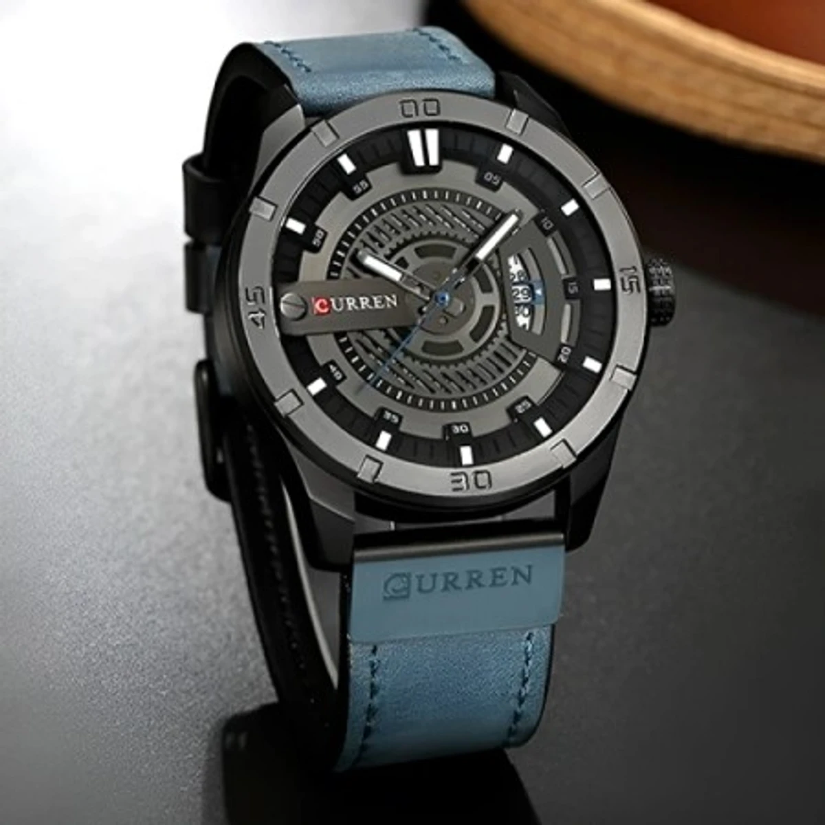 CURREN Men Military Sports Watches Mens Quartz Date Clock Man Casual Leather Wrist Watch - Sky